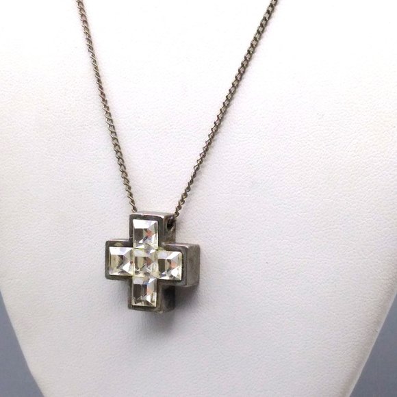 Distressed Crystal Cross Pendant Necklace, Retro Grunge with Square Cut Stones o - Picture 1 of 5